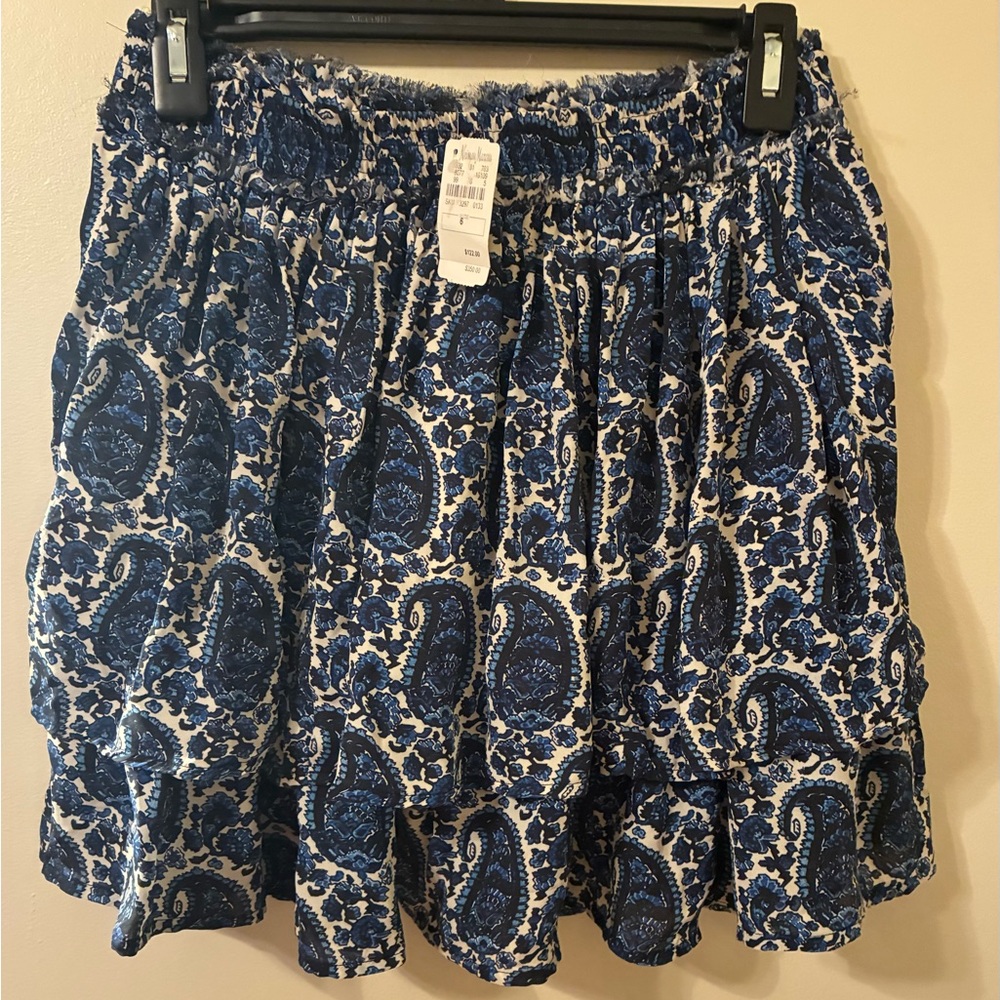 NWT Derek Lam 100% Silk Blue Paisley Tiered Mini Skirt Boho Flirty Designer Sz 6